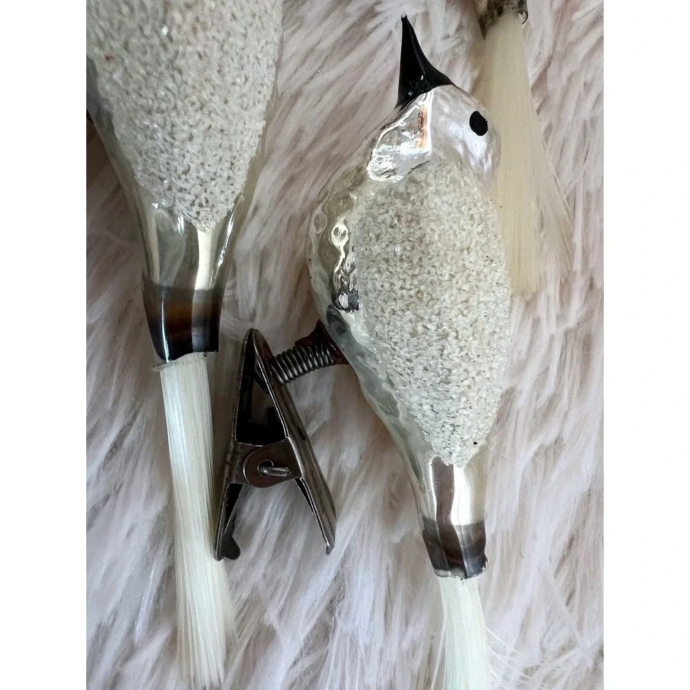 Vintage Mercury Glass Clip On Bird Ornaments White Flocked Christmas Decor Set 3